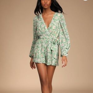 Dancing Blossoms Green Floral Print Pleated Long Sleeve Romper